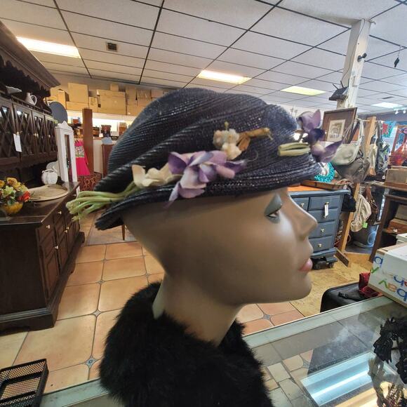 Vintage 40s The Rhodes Hat Navy Blue Straw Cloche Lilac Floral Wreath 50s main image 5